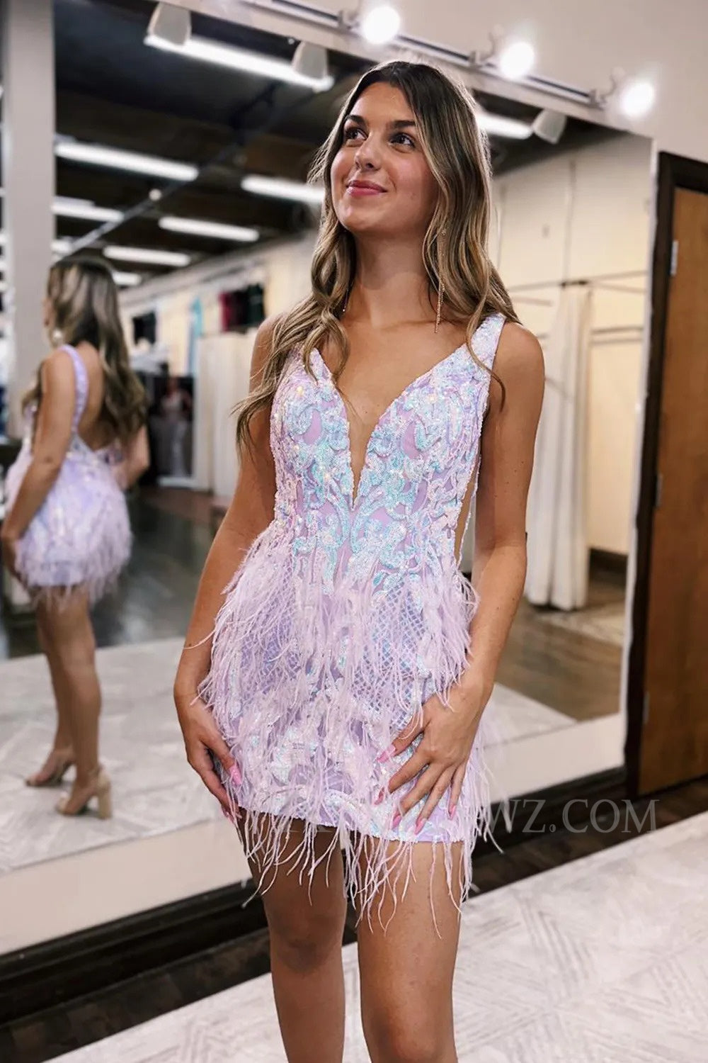 Sparkly Blue Sequined Tight Short Homecoming/Cocktail Dress with Feathers LF304