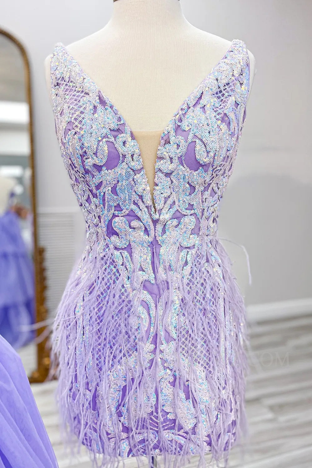 Sparkly Blue Sequined Tight Short Homecoming/Cocktail Dress with Feathers LF304