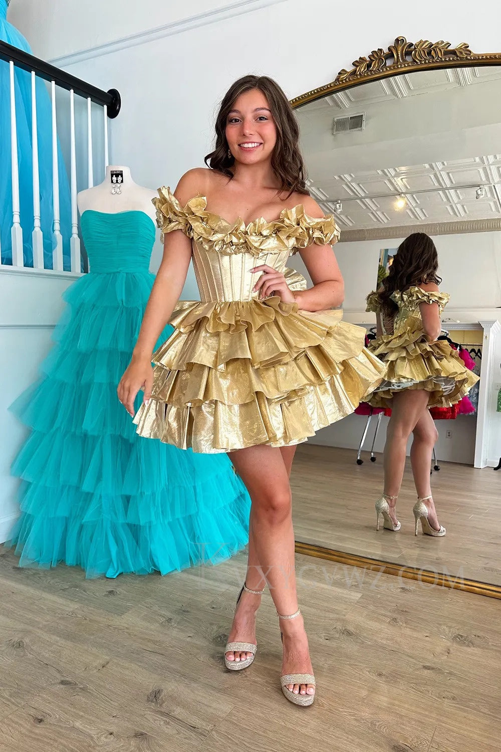 A -Line Off The Shoulder Golden Corset Short Homecoming/Cocktail Dress with Ruffles LF307