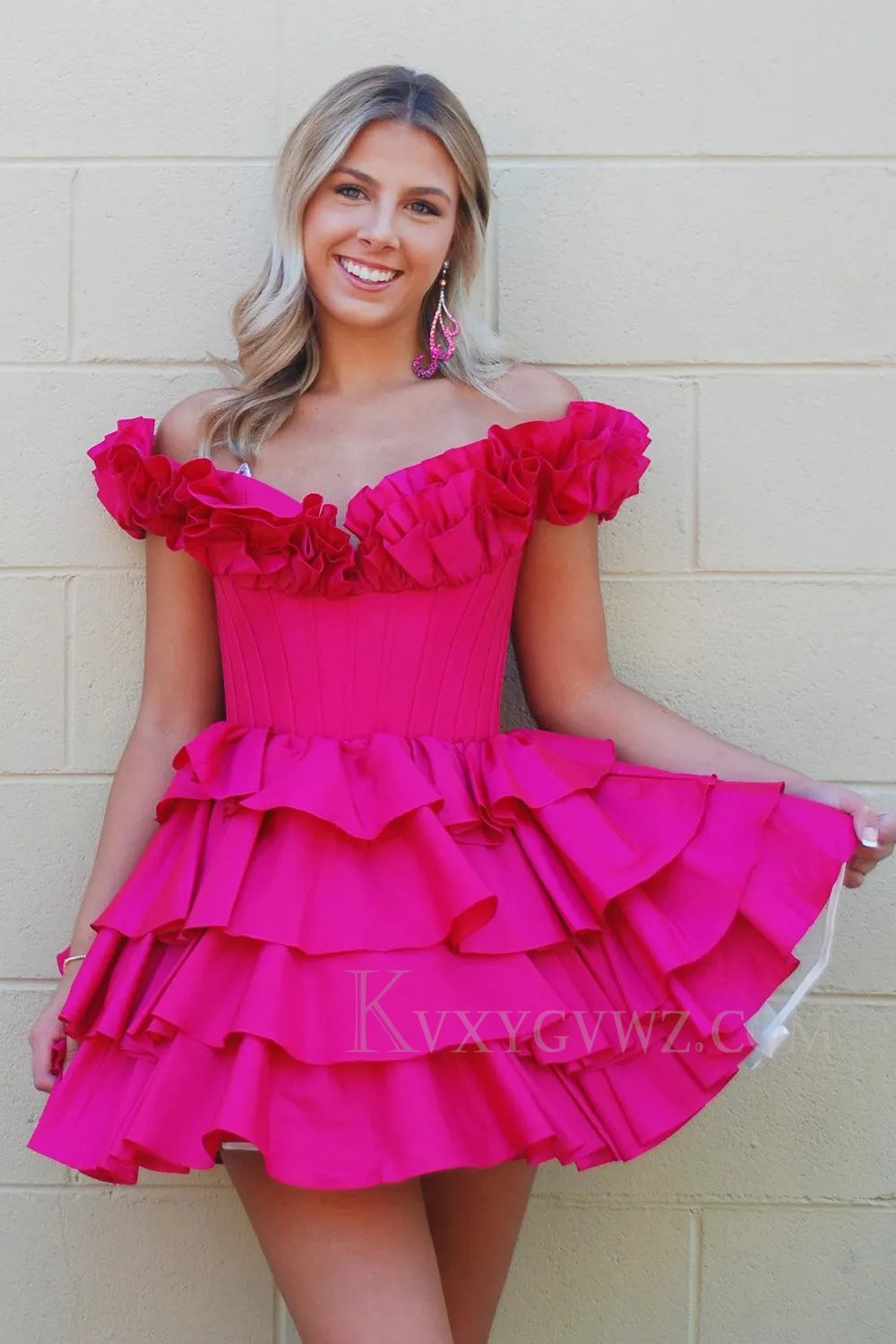 A -Line Off The Shoulder Golden Corset Short Homecoming/Cocktail Dress with Ruffles LF307