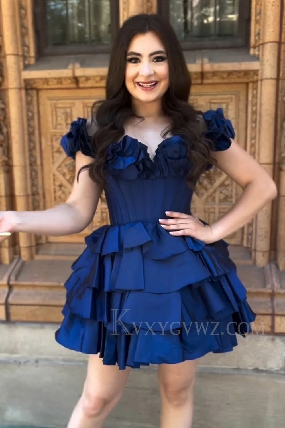 A -Line Off The Shoulder Golden Corset Short Homecoming/Cocktail Dress with Ruffles LF307