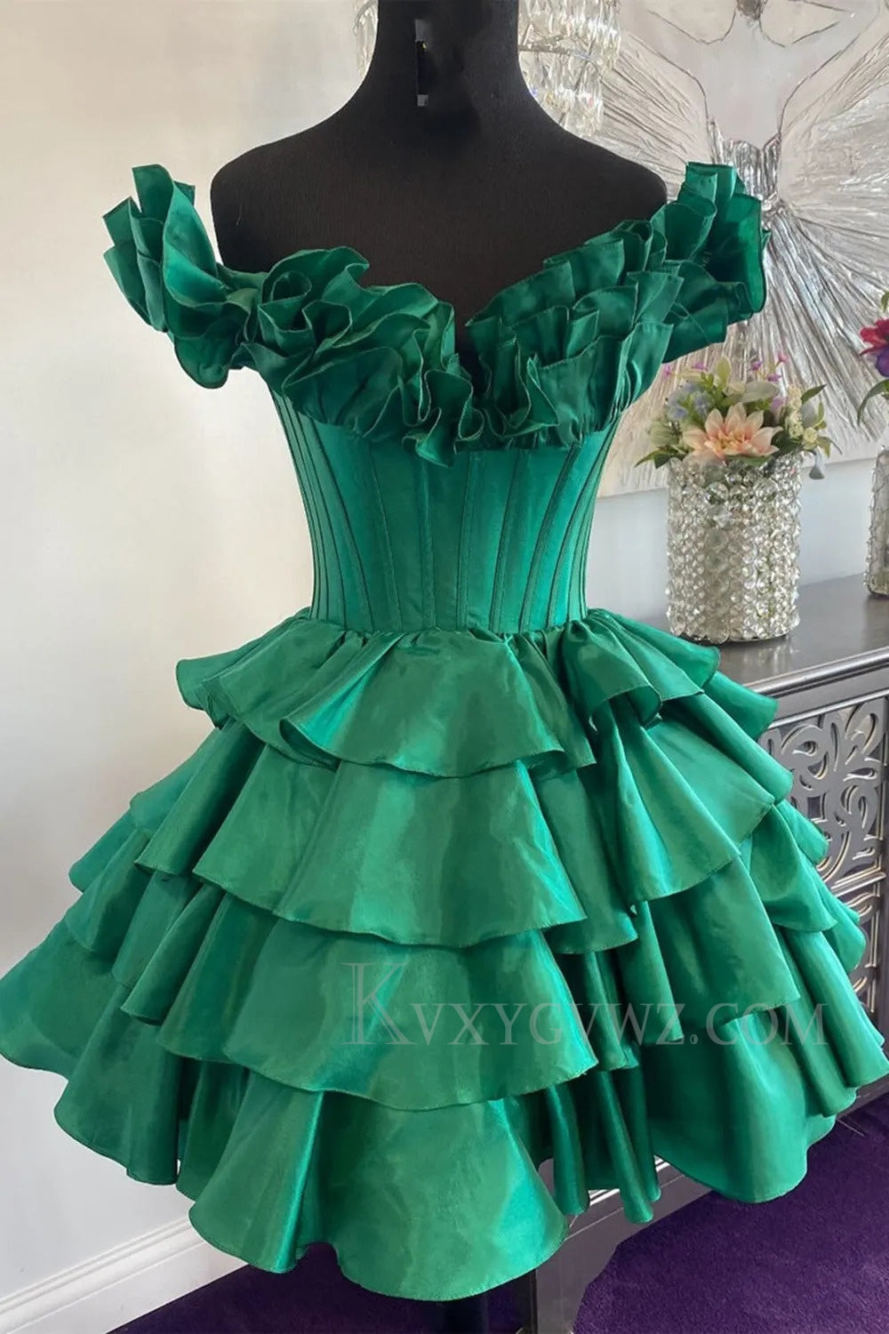 A -Line Off The Shoulder Golden Corset Short Homecoming/Cocktail Dress with Ruffles LF307