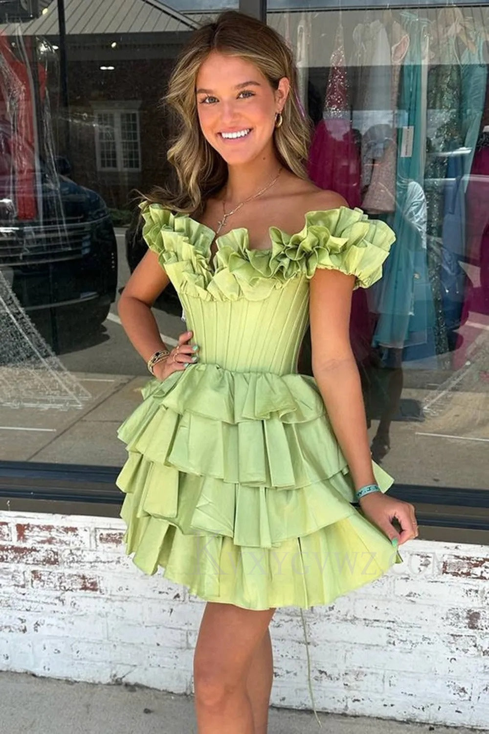 A -Line Off The Shoulder Golden Corset Short Homecoming/Cocktail Dress with Ruffles LF307