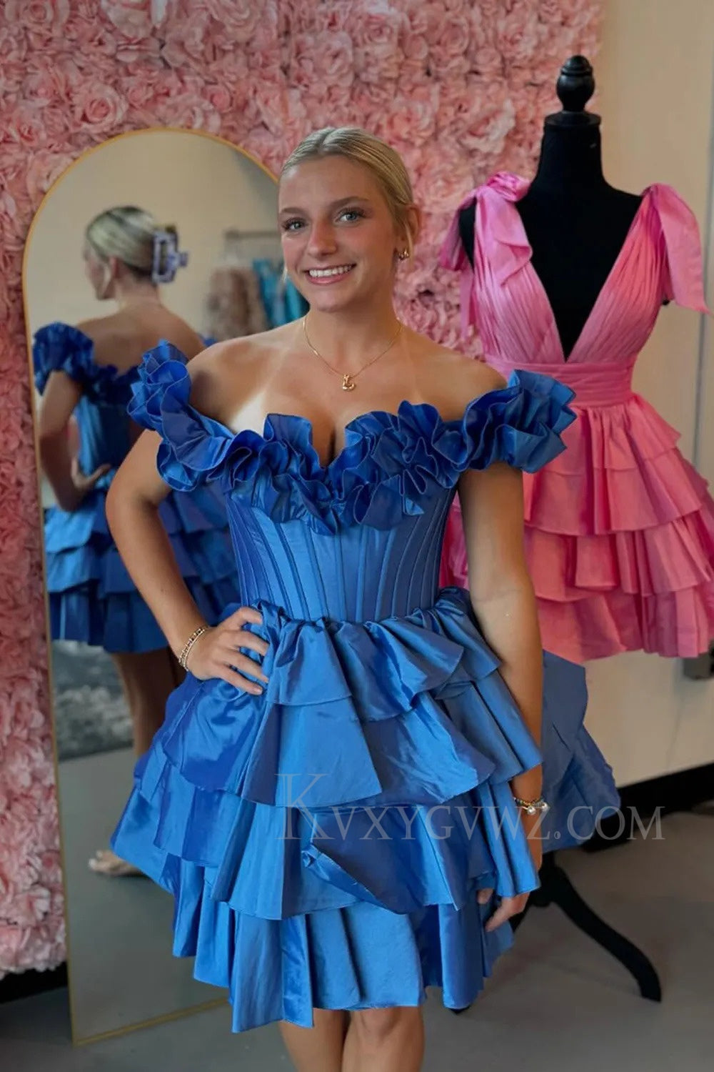 A -Line Off The Shoulder Golden Corset Short Homecoming/Cocktail Dress with Ruffles LF307