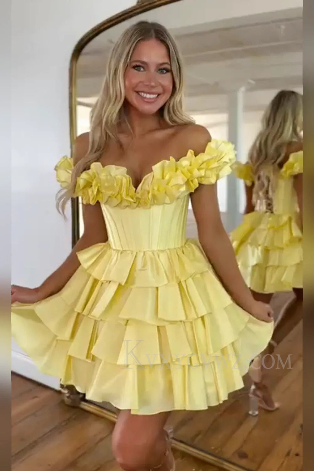 A -Line Off The Shoulder Golden Corset Short Homecoming/Cocktail Dress with Ruffles LF307