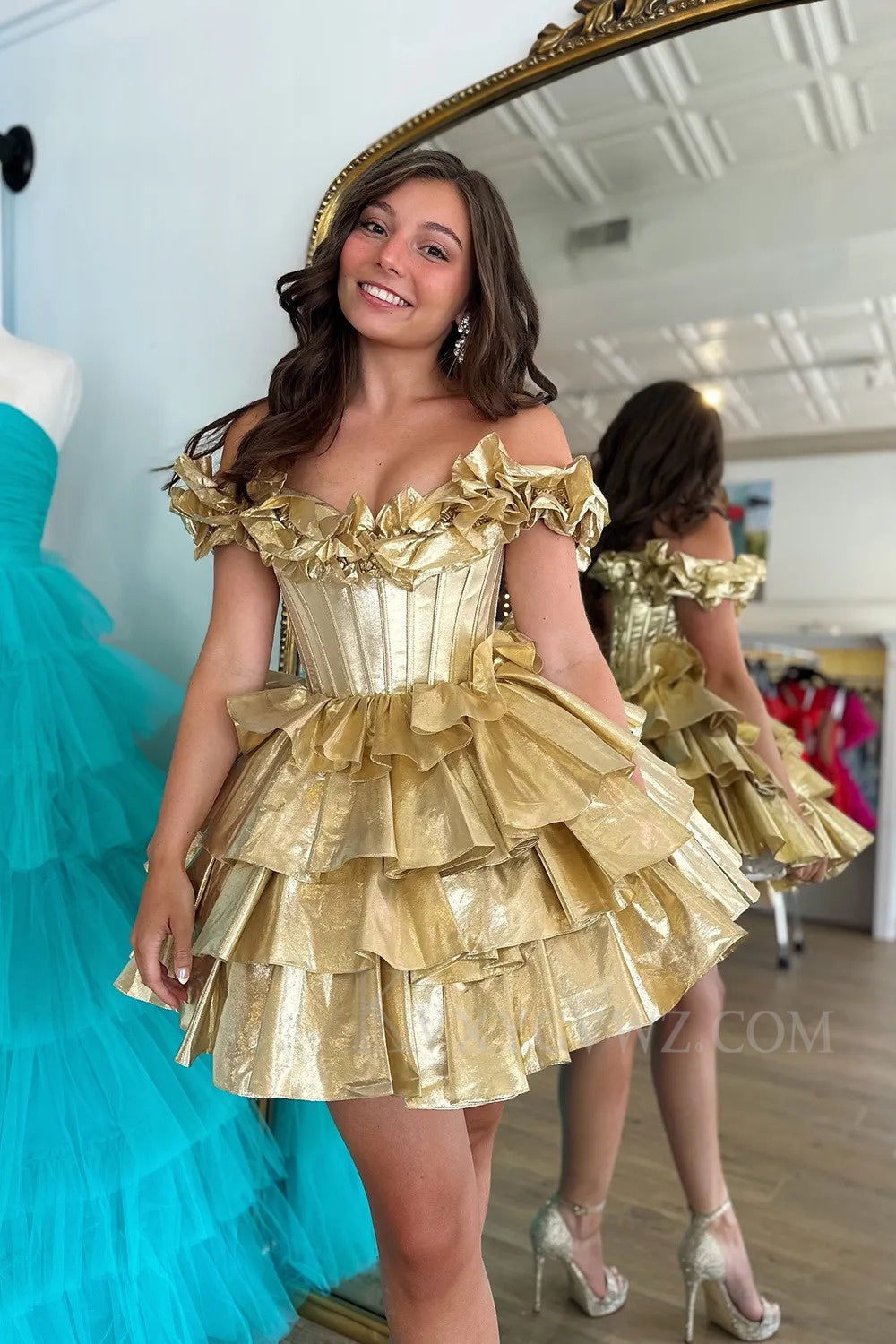 A -Line Off The Shoulder Golden Corset Short Homecoming/Cocktail Dress with Ruffles LF307