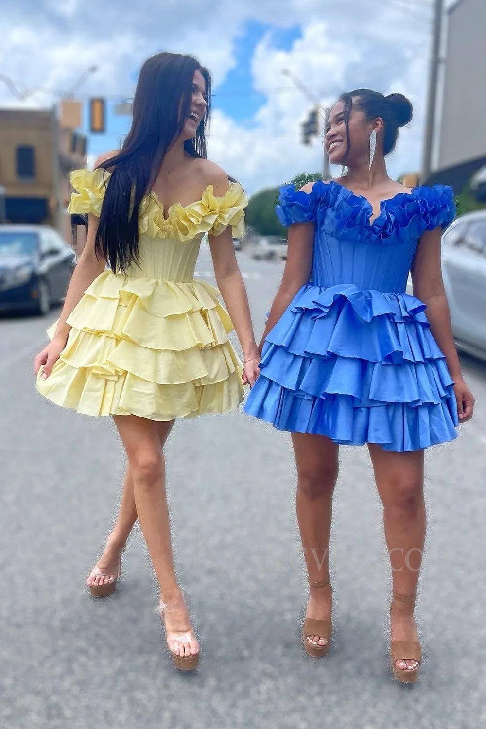 A -Line Off The Shoulder Golden Corset Short Homecoming/Cocktail Dress with Ruffles LF307