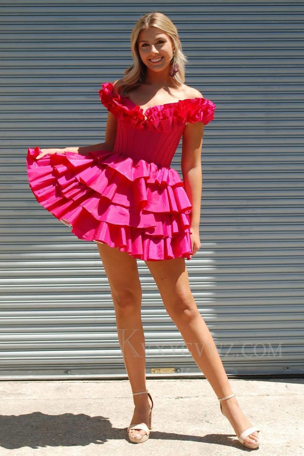 A -Line Off The Shoulder Golden Corset Short Homecoming/Cocktail Dress with Ruffles LF307