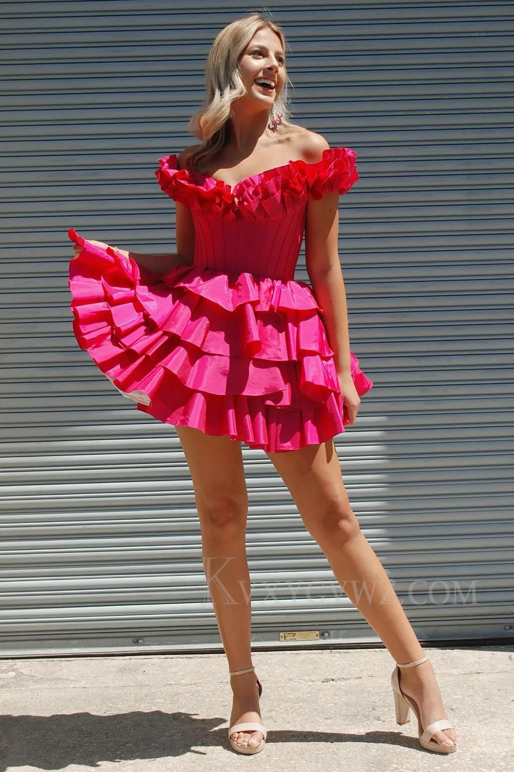 A -Line Off The Shoulder Golden Corset Short Homecoming/Cocktail Dress with Ruffles LF307