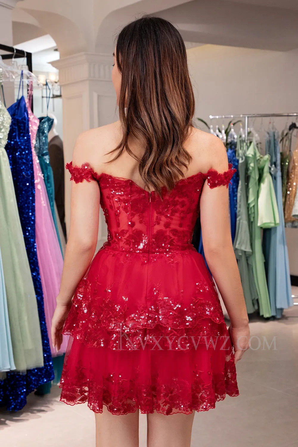 Sparkly Red Off The Shoulder Corset Tiered Short Homecoming/Cocktail Prom Dress with Lace LF309