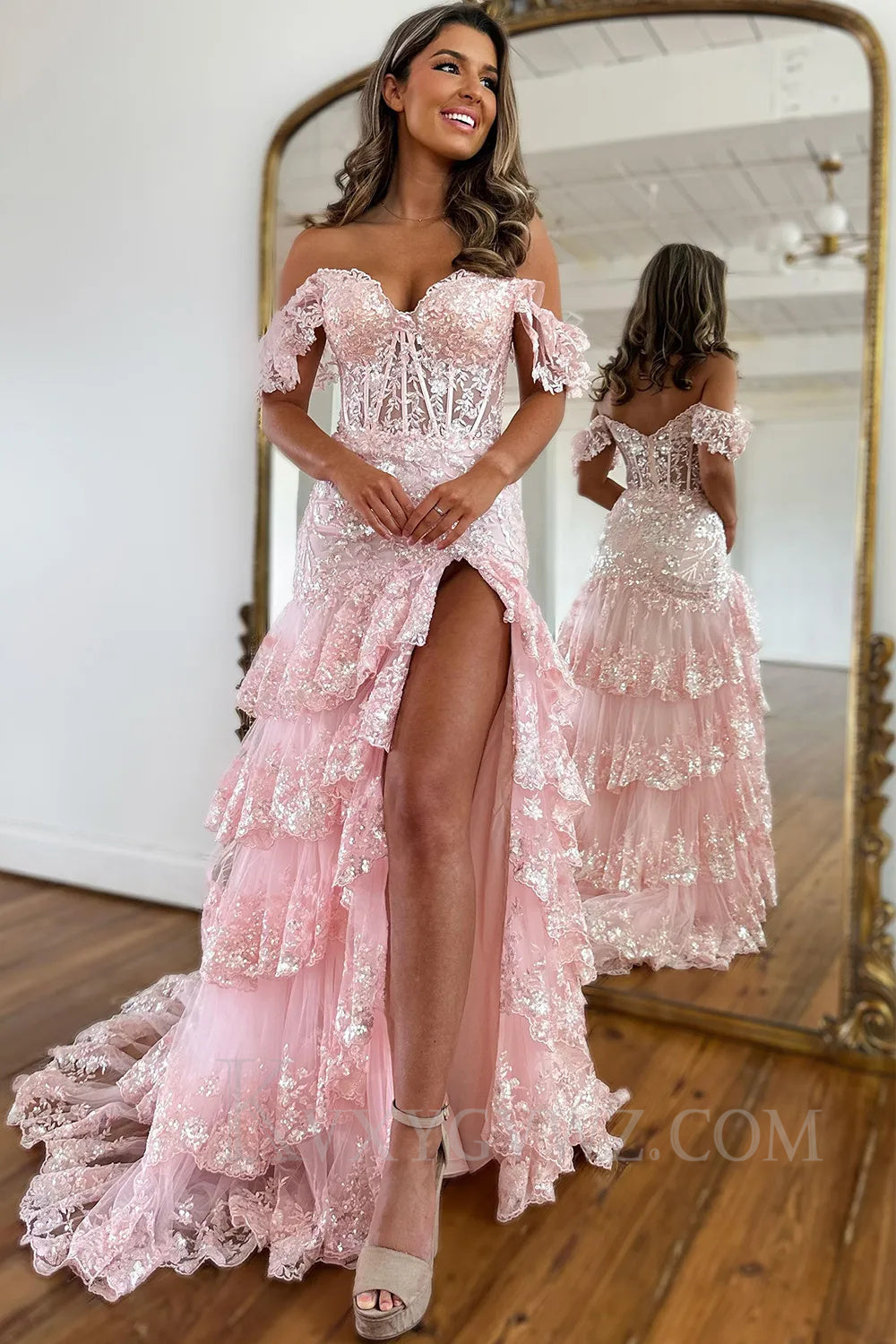 Red Off The Shoulder Tiered Sequins Sweep Train Prom Dress LF031