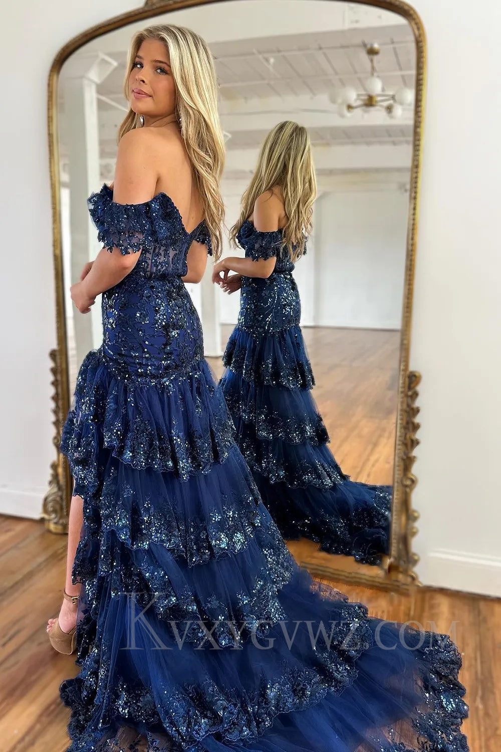 Red Off The Shoulder Tiered Sequins Sweep Train Prom Dress LF031