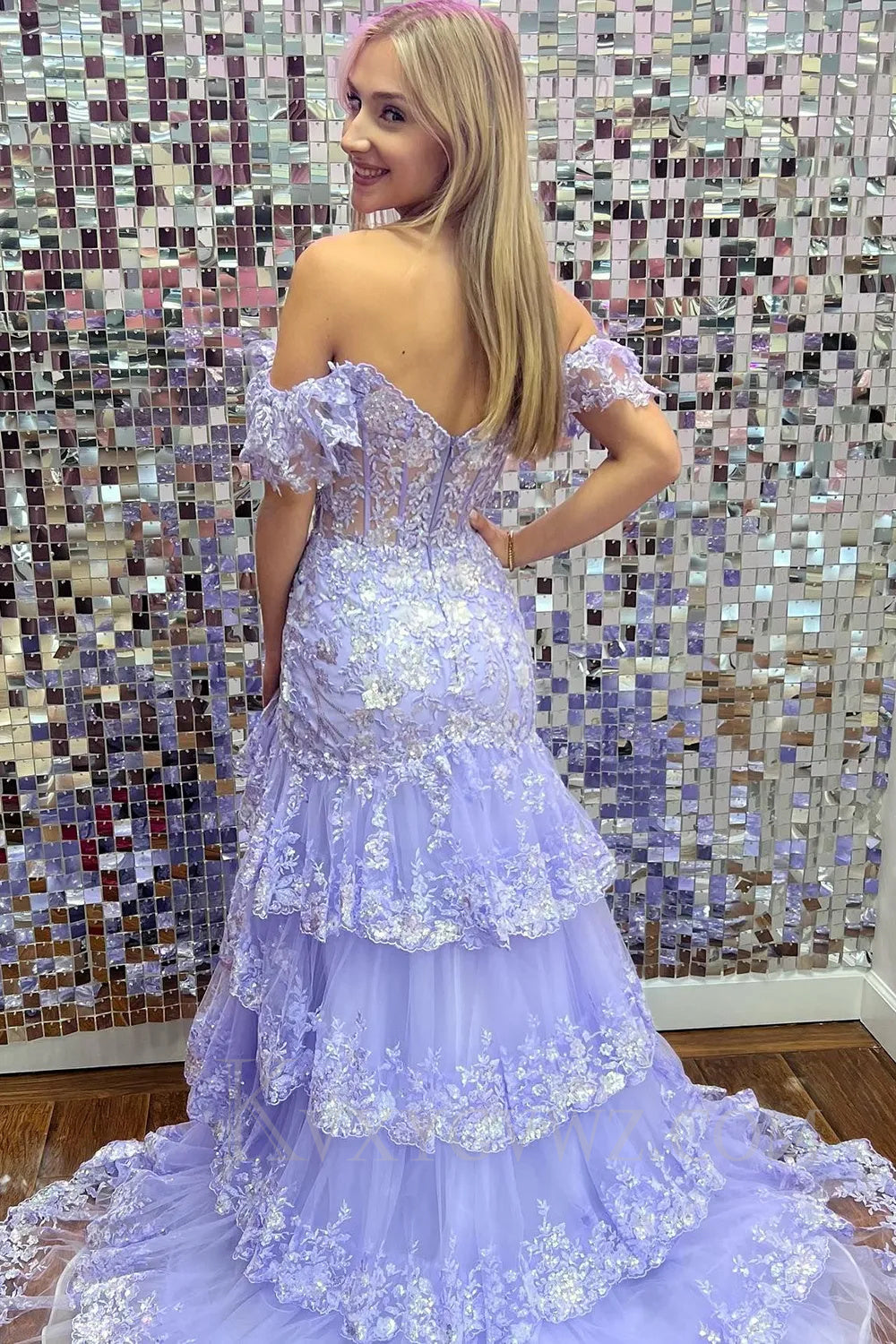 Red Off The Shoulder Tiered Sequins Sweep Train Prom Dress LF031