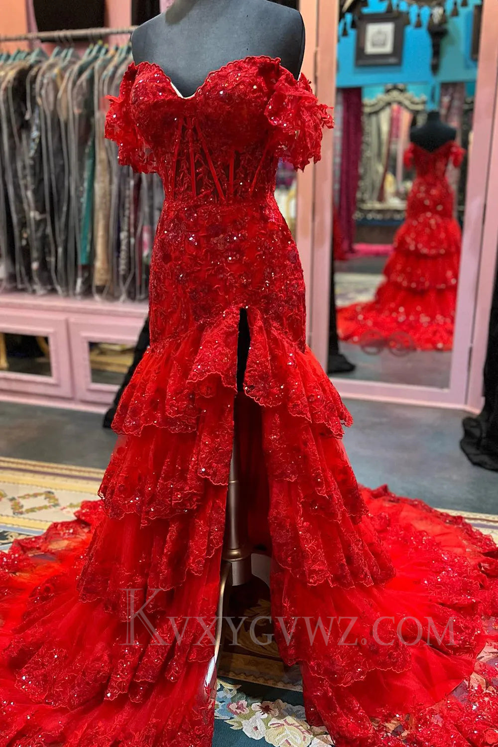Red Off The Shoulder Tiered Sequins Sweep Train Prom Dress LF031