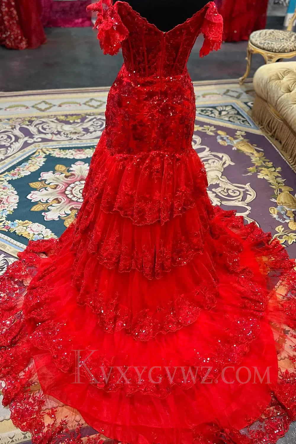 Red Off The Shoulder Tiered Sequins Sweep Train Prom Dress LF031