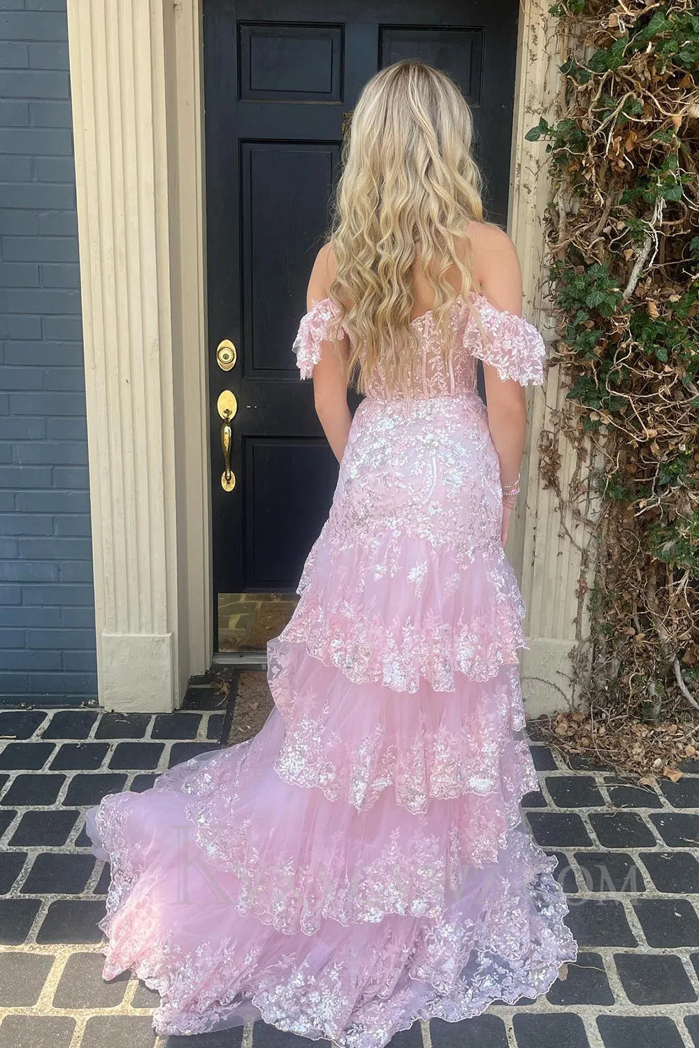 Red Off The Shoulder Tiered Sequins Sweep Train Prom Dress LF031
