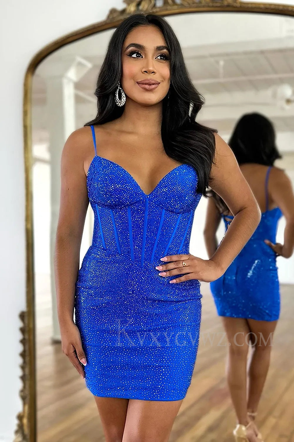 Sparkly Navy Spaghetti Straps Corset Tight Short Homecoming /Cocktail Dress with Beadings LF311