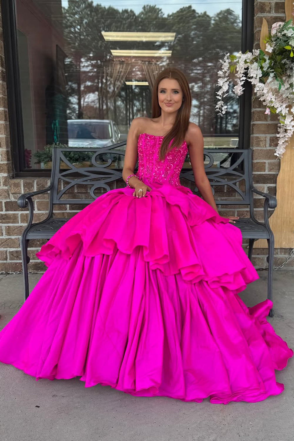 Fuchsia A Line Strapless Satin Prom Dress Gown with Beading LF1376