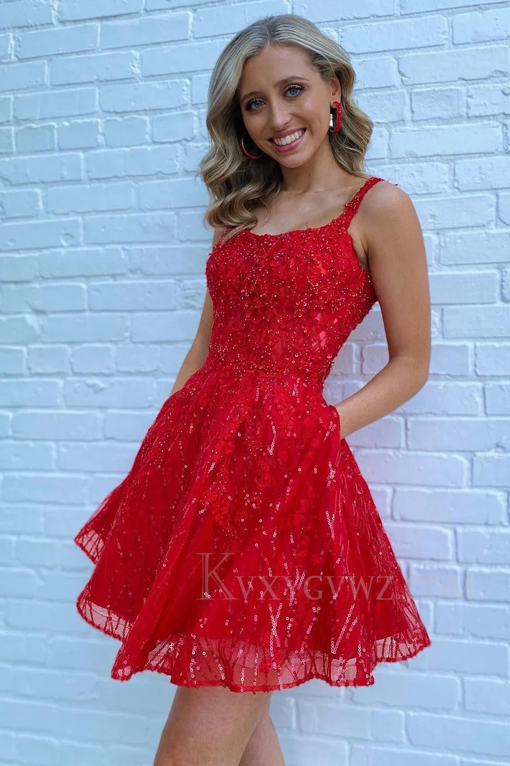 Sparkly Red Sequins A-Line Short Homecoming/Cocktail Dress with Pockets LF318