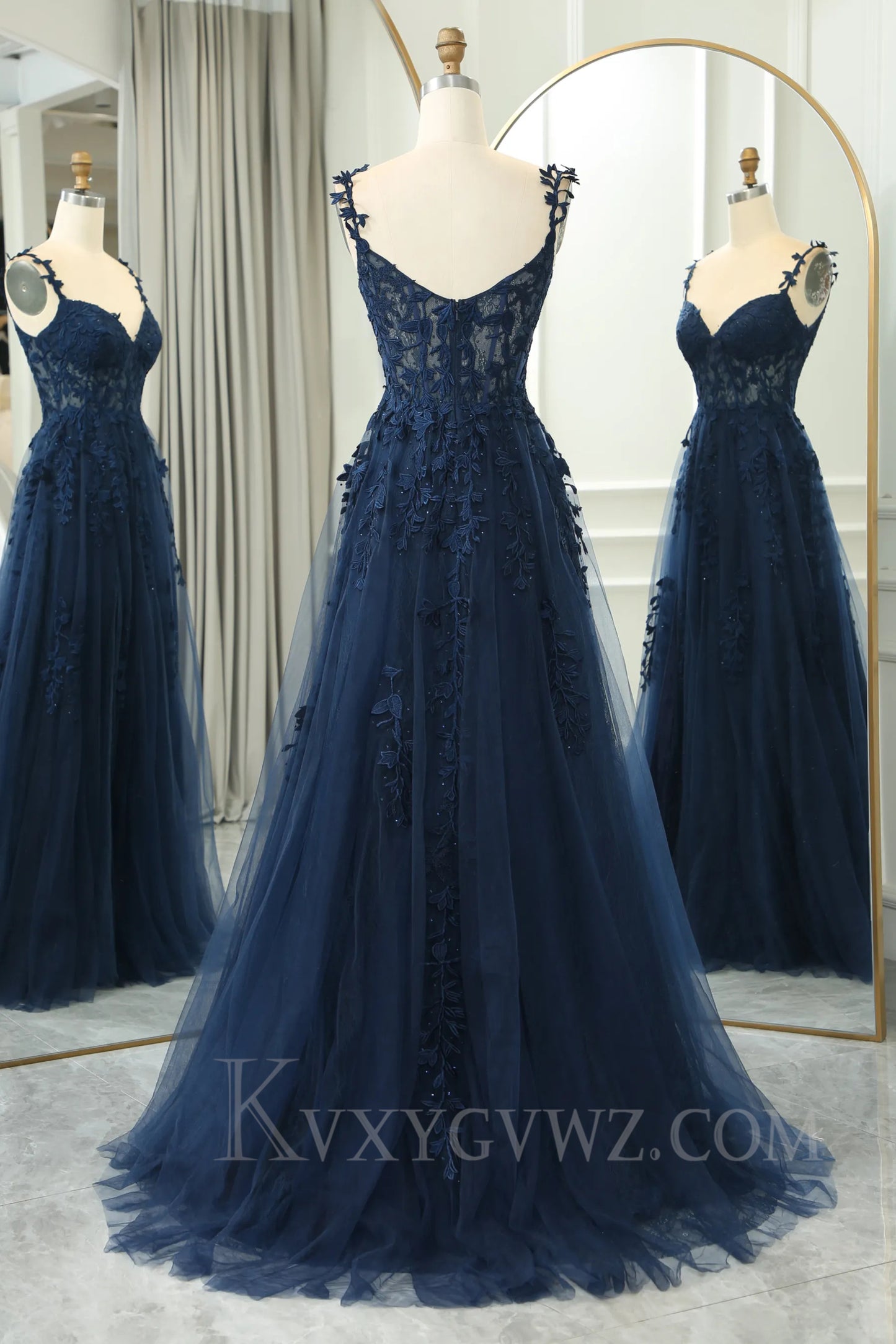 Spaghetti Straps Navy Sweetheart Sweep Train Prom Dress with Appliques LF032