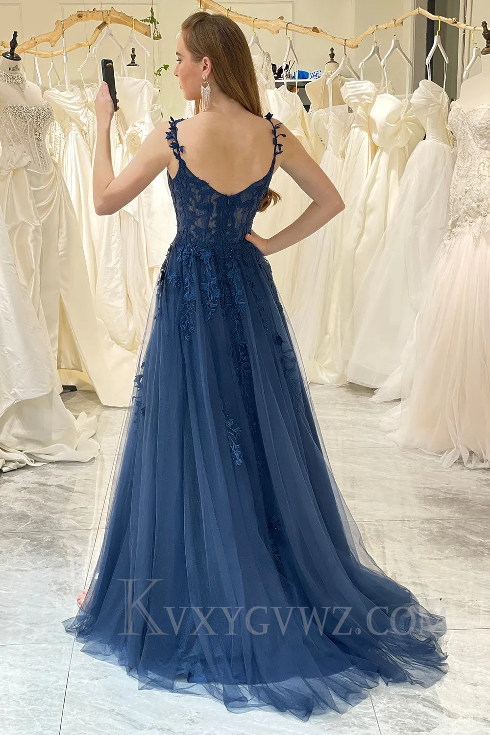Spaghetti Straps Navy Sweetheart Sweep Train Prom Dress with Appliques LF032