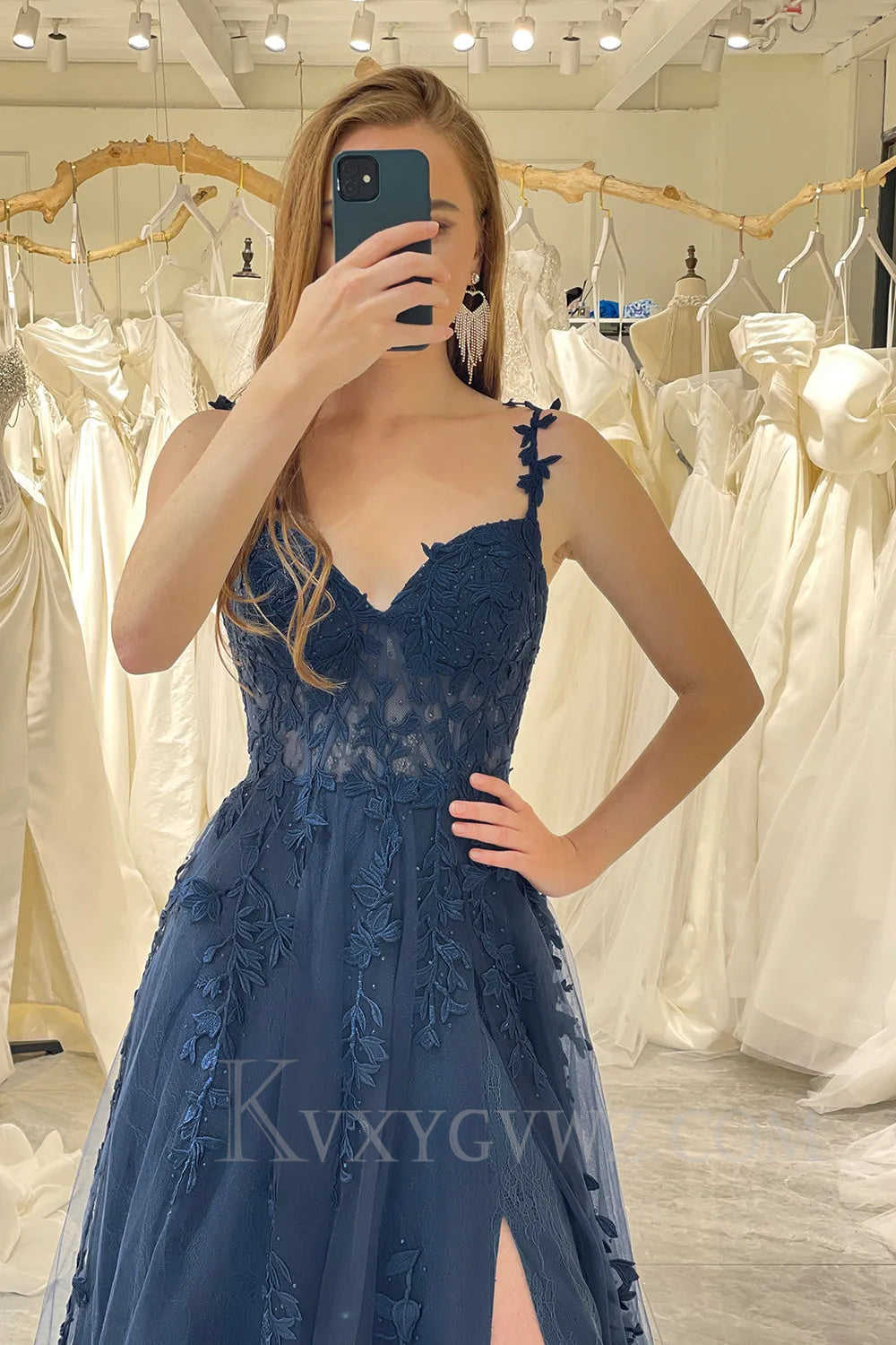 Spaghetti Straps Navy Sweetheart Sweep Train Prom Dress with Appliques LF032