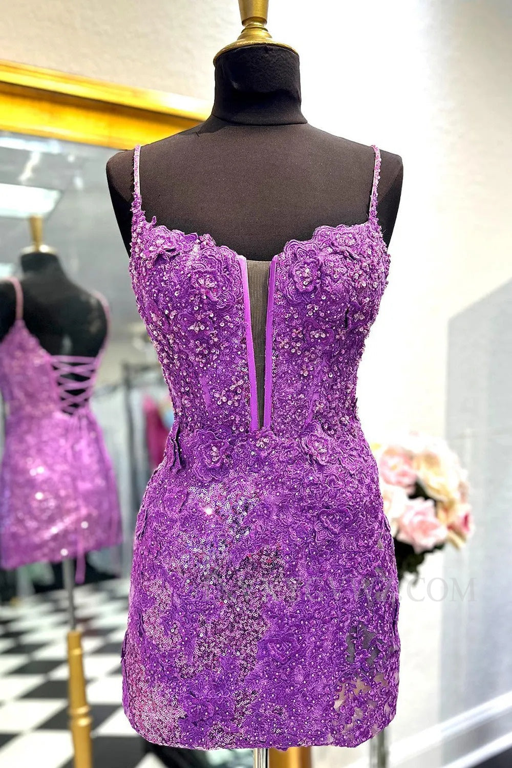 Sparkly Purple Sequin Lace-Up Tight Short Homecoming/Cocktail Dress LF321