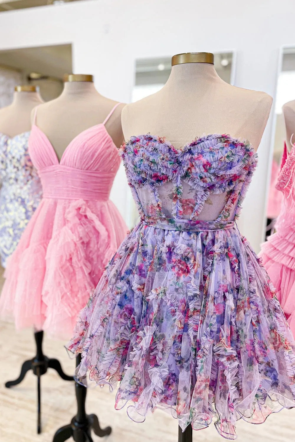 Lilac Corset Sweetheart Floral A-Line Short Homecoming/Cocktail Dress with Ruffles LF322