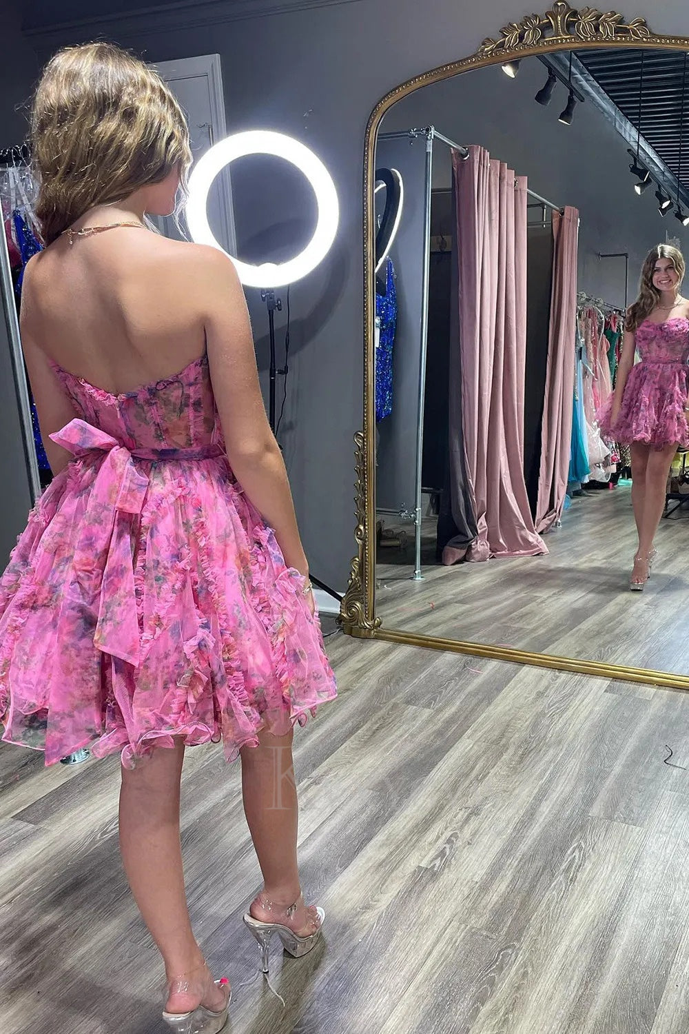 Lilac Corset Sweetheart Floral A-Line Short Homecoming/Cocktail Dress with Ruffles LF322