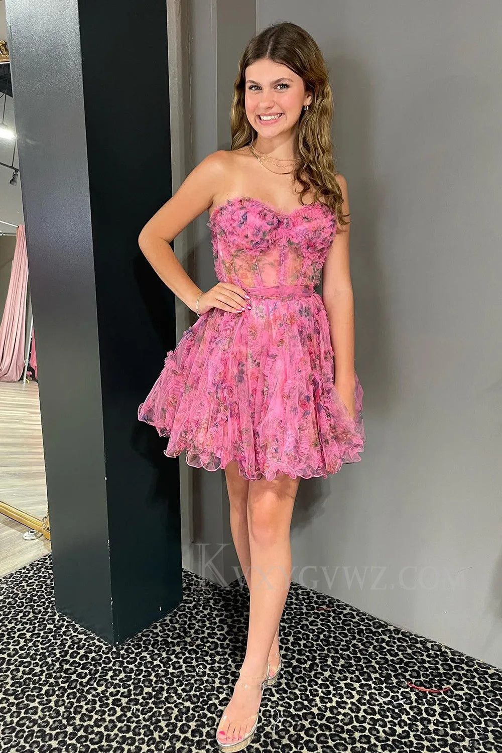 Lilac Corset Sweetheart Floral A-Line Short Homecoming/Cocktail Dress with Ruffles LF322