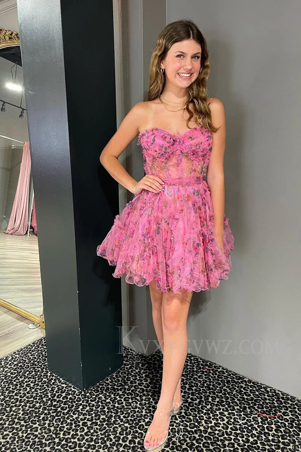 Lilac Corset Sweetheart Floral A-Line Short Homecoming/Cocktail Dress with Ruffles LF322