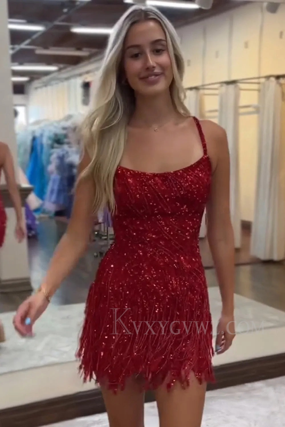 Sparkly Golden Spaghetti Straps Sequins Fringed Tight Short Homecoming/Cocktail Dress LF325