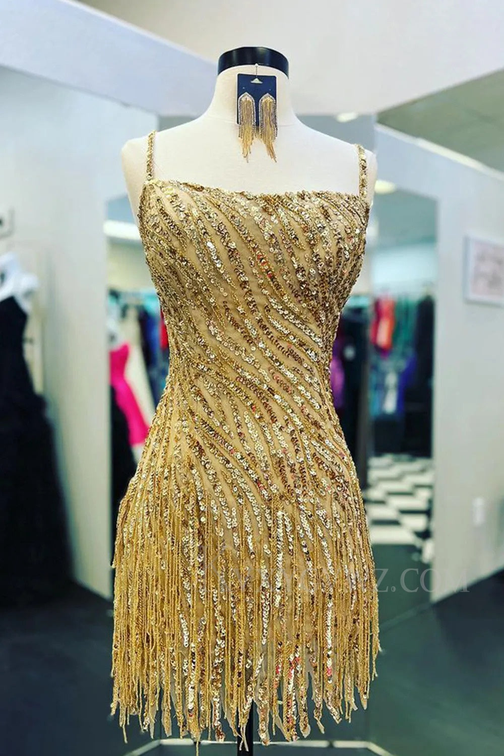 Sparkly Golden Spaghetti Straps Sequins Fringed Tight Short Homecoming/Cocktail Dress LF325