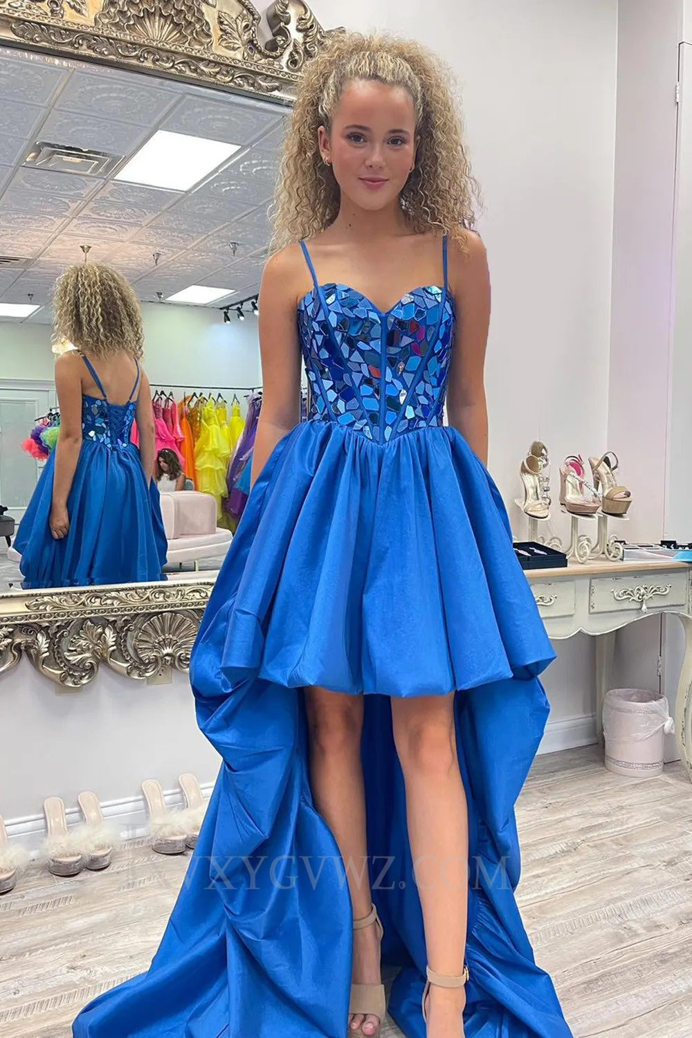 Sparkly Black High Low Satin A-Line Mirror Homecoming/Cocktail Dress LF326