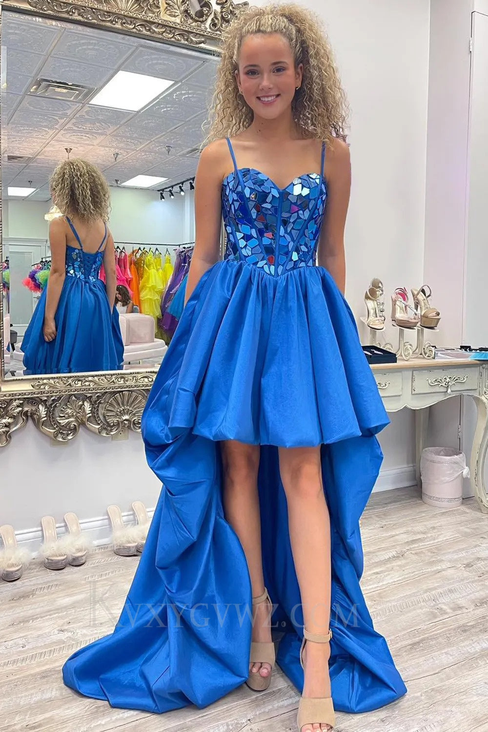 Sparkly Black High Low Satin A-Line Mirror Homecoming/Cocktail Dress LF326