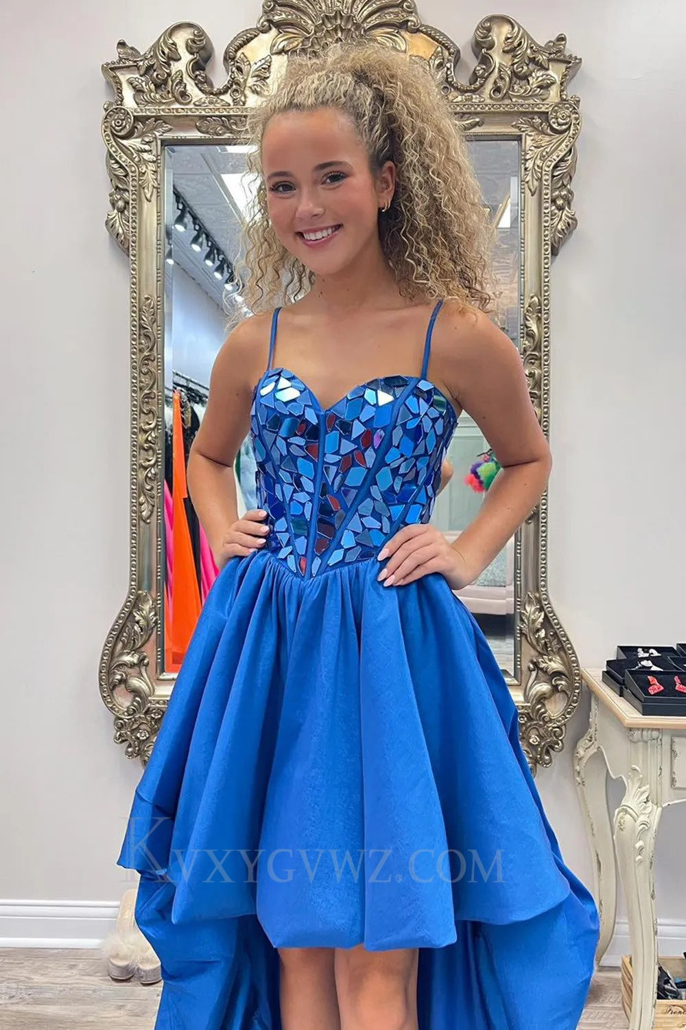 Sparkly Black High Low Satin A-Line Mirror Homecoming/Cocktail Dress LF326