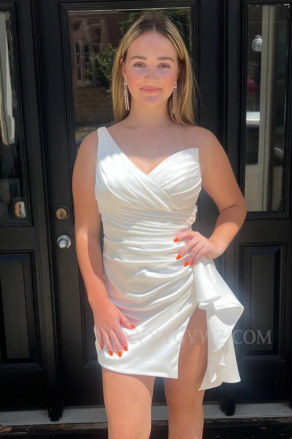 Orange One Shoulder Satin Tight Short Homecoming/Cocktail Dress with Slit LF329
