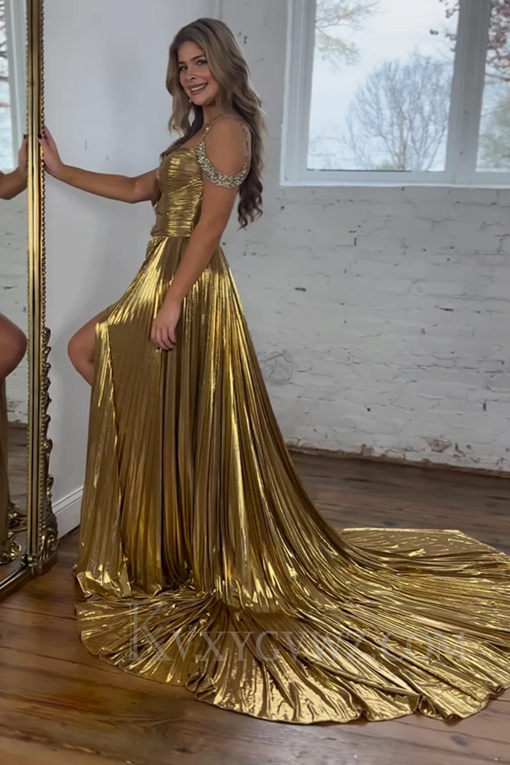 Sparkly Golden Cut Out Beaded A-Line Metallic Pleated Long Prom Dress with Slit LF033