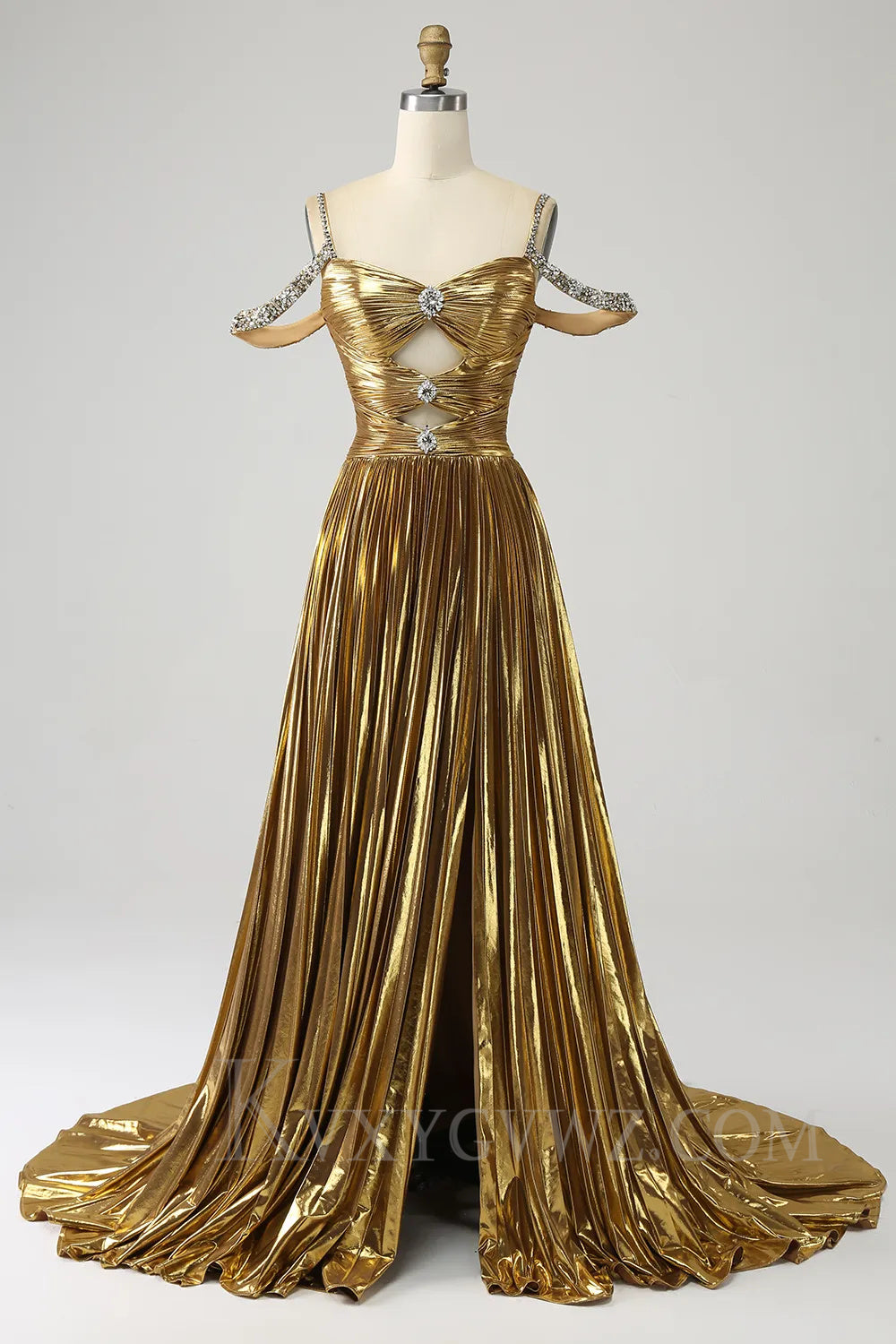 Sparkly Golden Cut Out Beaded A-Line Metallic Pleated Long Prom Dress with Slit LF033