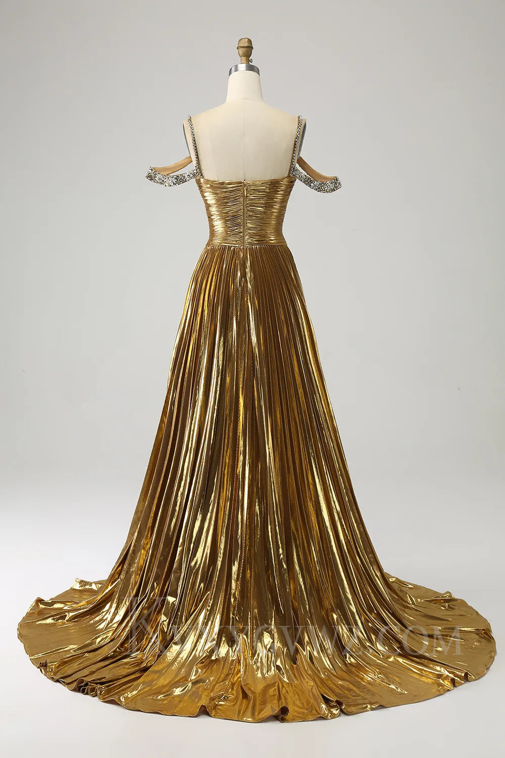 Sparkly Golden Cut Out Beaded A-Line Metallic Pleated Long Prom Dress with Slit LF033