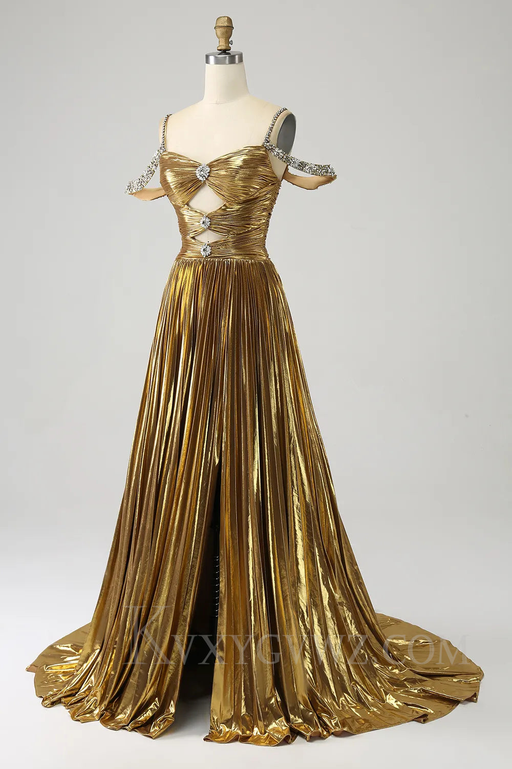 Sparkly Golden Cut Out Beaded A-Line Metallic Pleated Long Prom Dress with Slit LF033