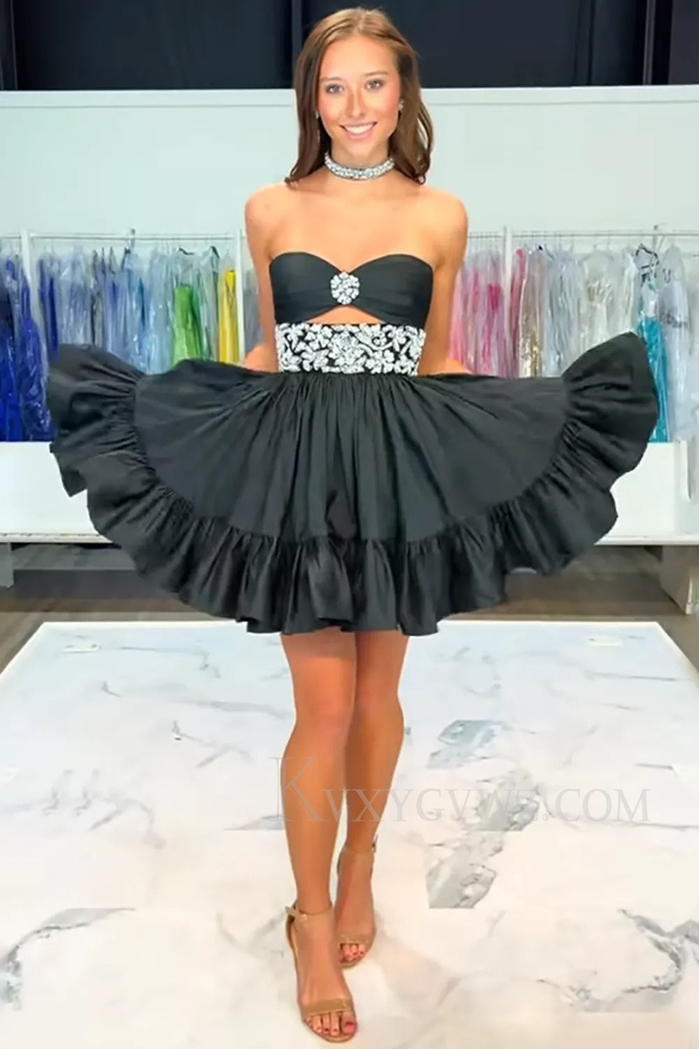 Sparkly Black A Line Keyhole Short Homecoming/Cocktail Dress with Rhinestones LF330
