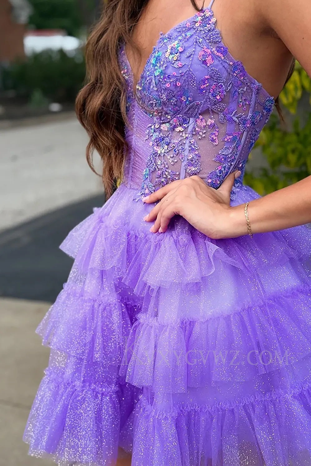 Glitter Lavender Ruffled Short Corset Homecoming/Cocktail Dress with Sequins LF331