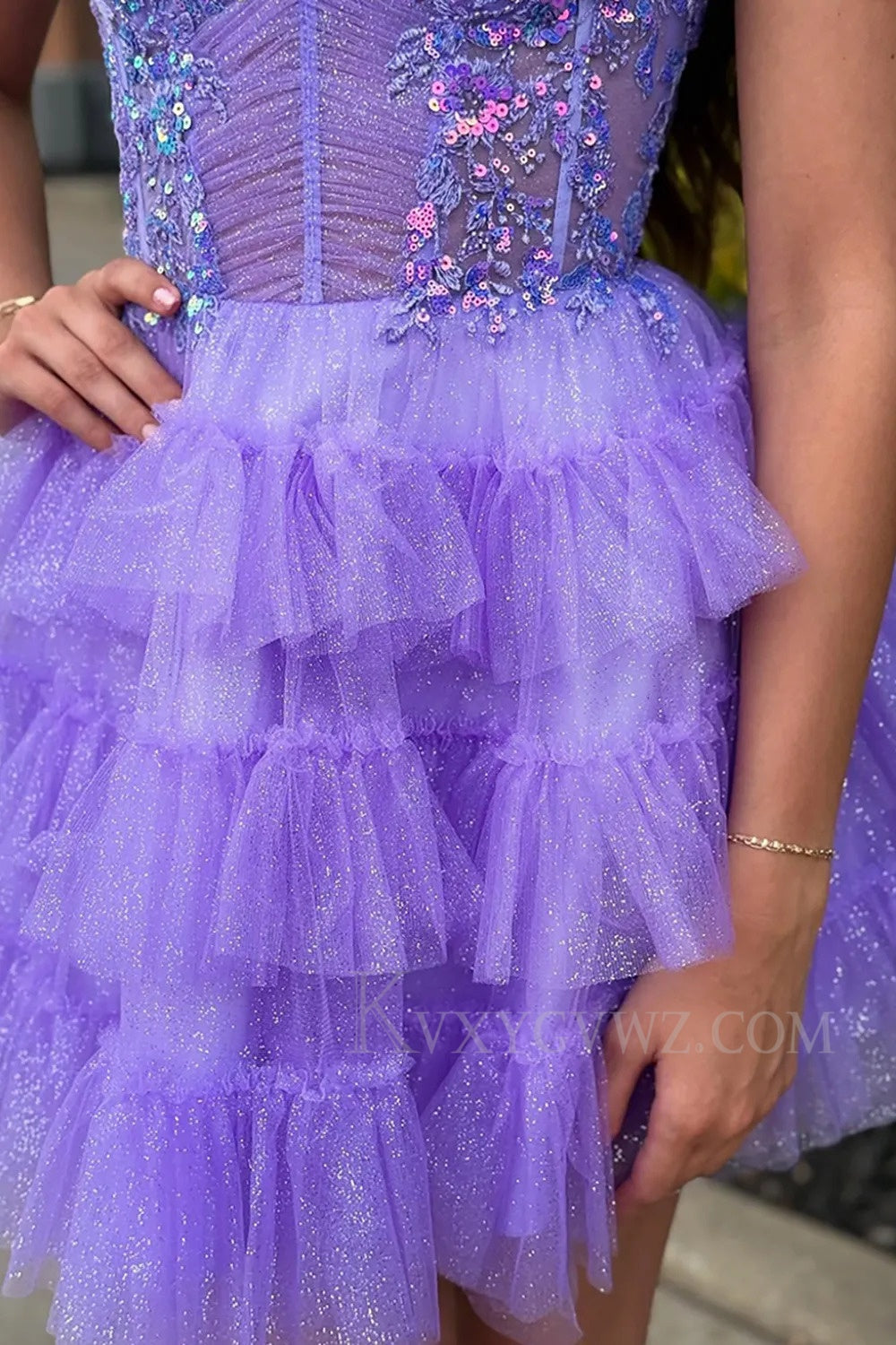 Glitter Lavender Ruffled Short Corset Homecoming/Cocktail Dress with Sequins LF331