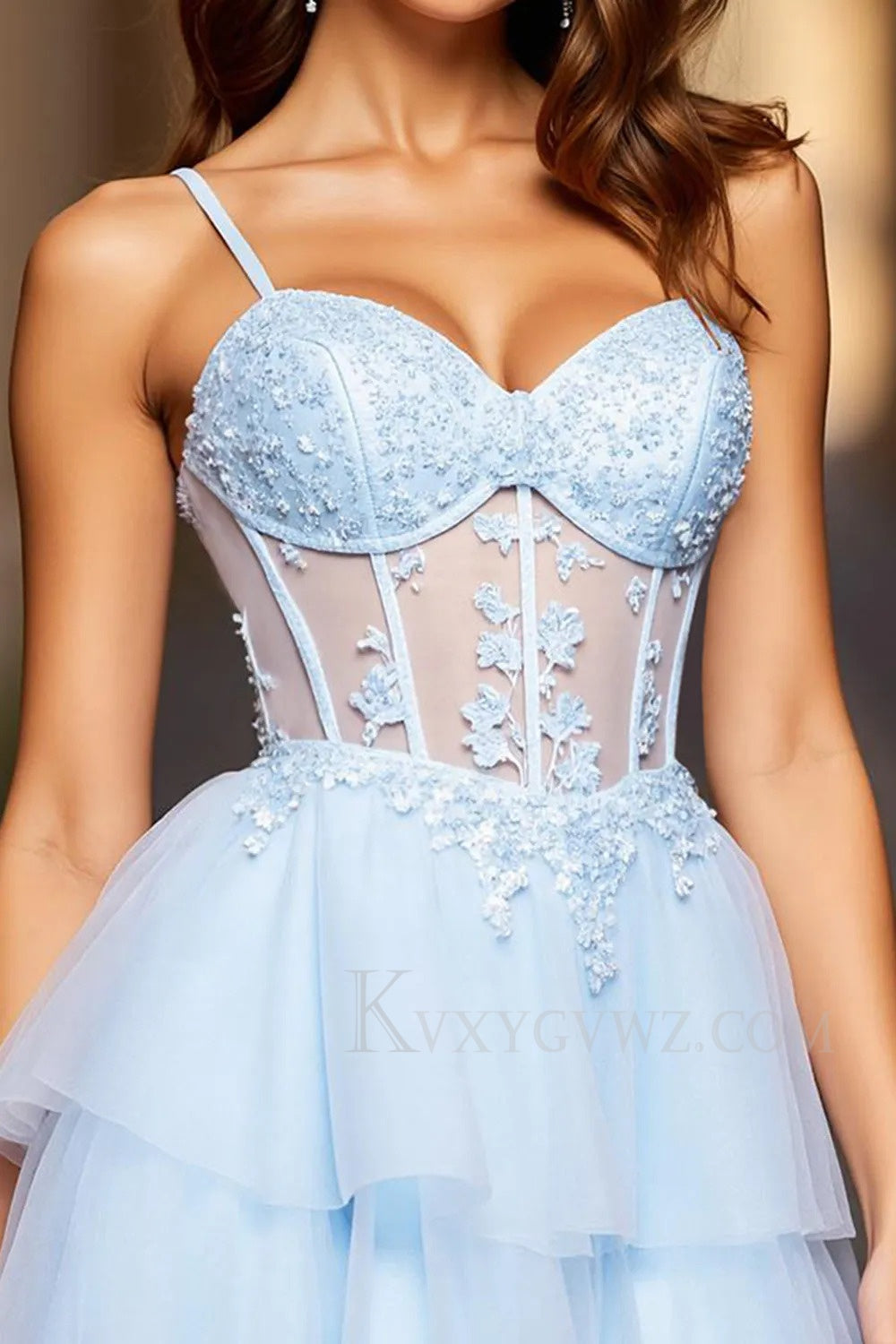 Light Blue A Line Tiered Spaghetti Straps Short Corset Homecoming/Cocktail Dress LF333