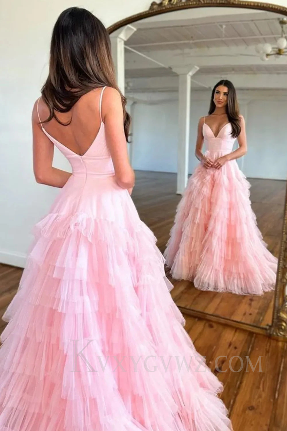 Light Pink Tulle Tiered A-Line Long Sweep Train Prom Dress LF034