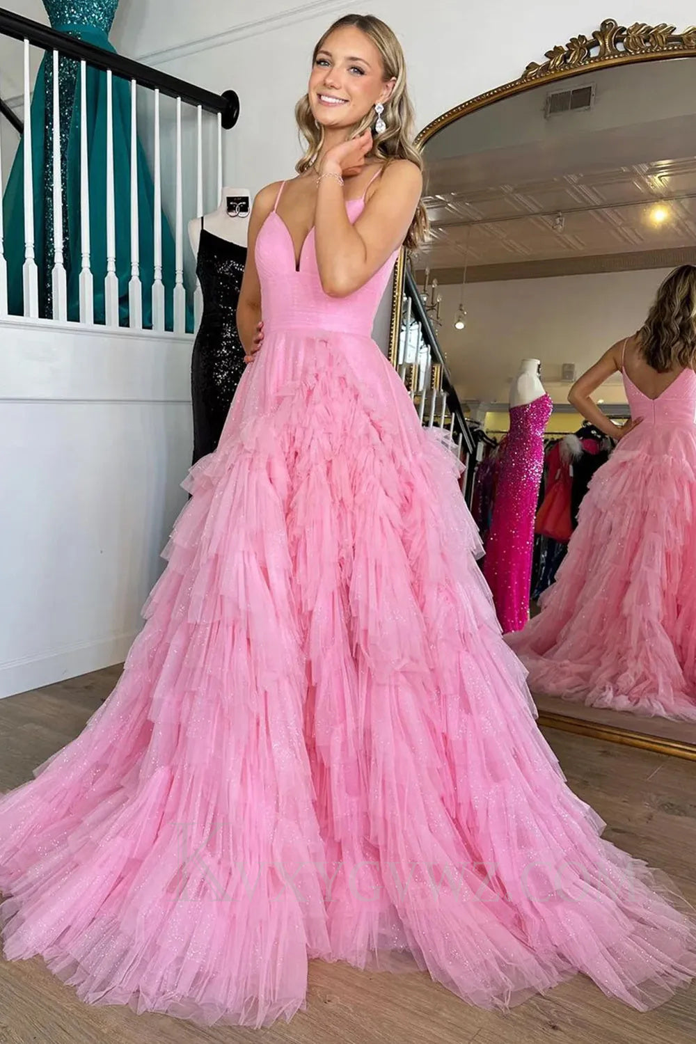 Light Pink Tulle Tiered A-Line Long Sweep Train Prom Dress LF034