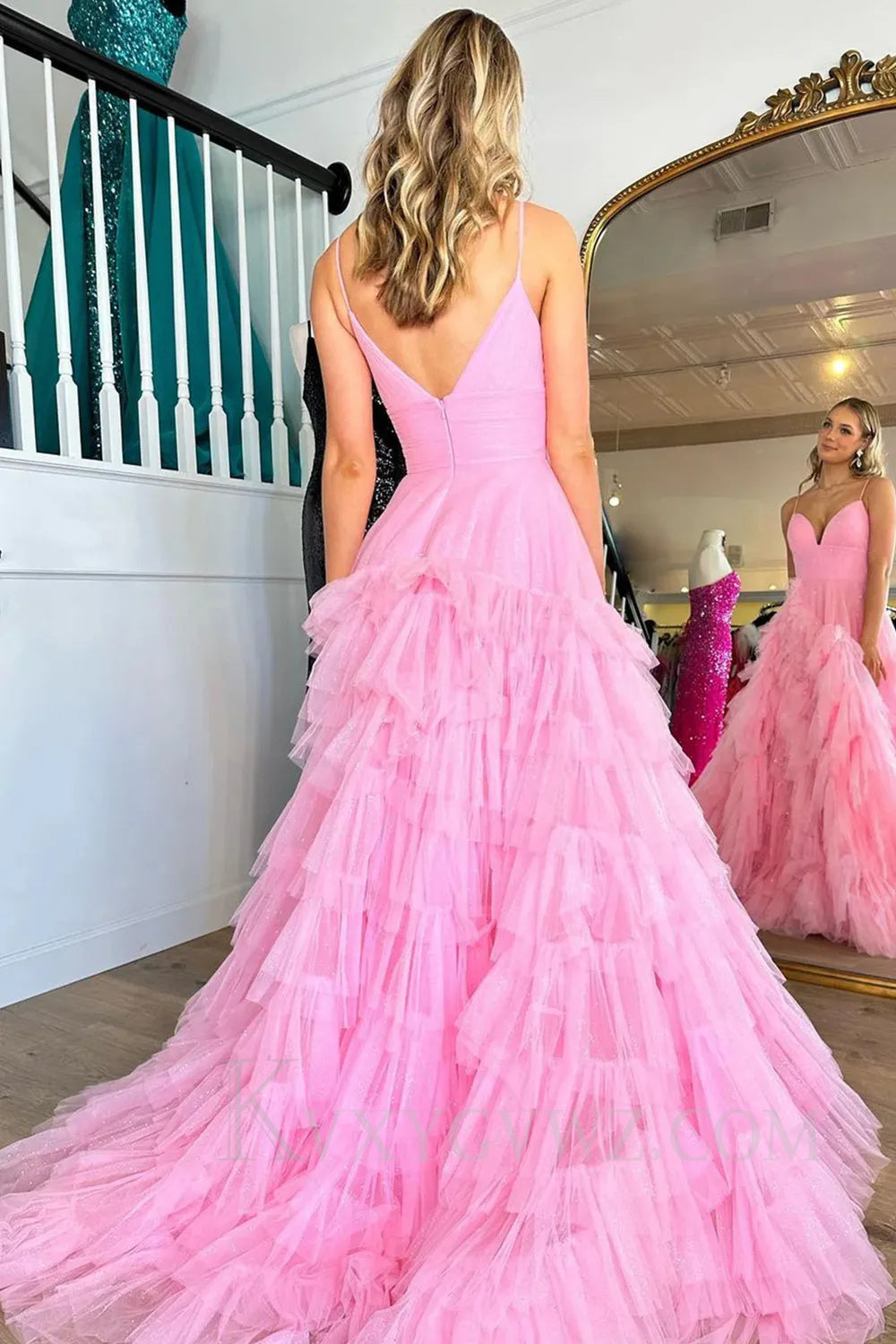 Light Pink Tulle Tiered A-Line Long Sweep Train Prom Dress LF034
