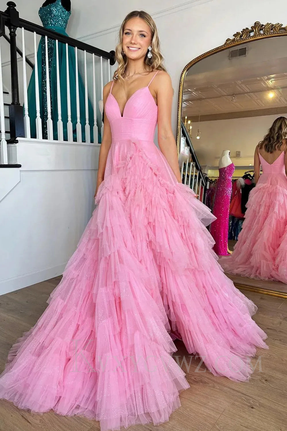 Light Pink Tulle Tiered A-Line Long Sweep Train Prom Dress LF034