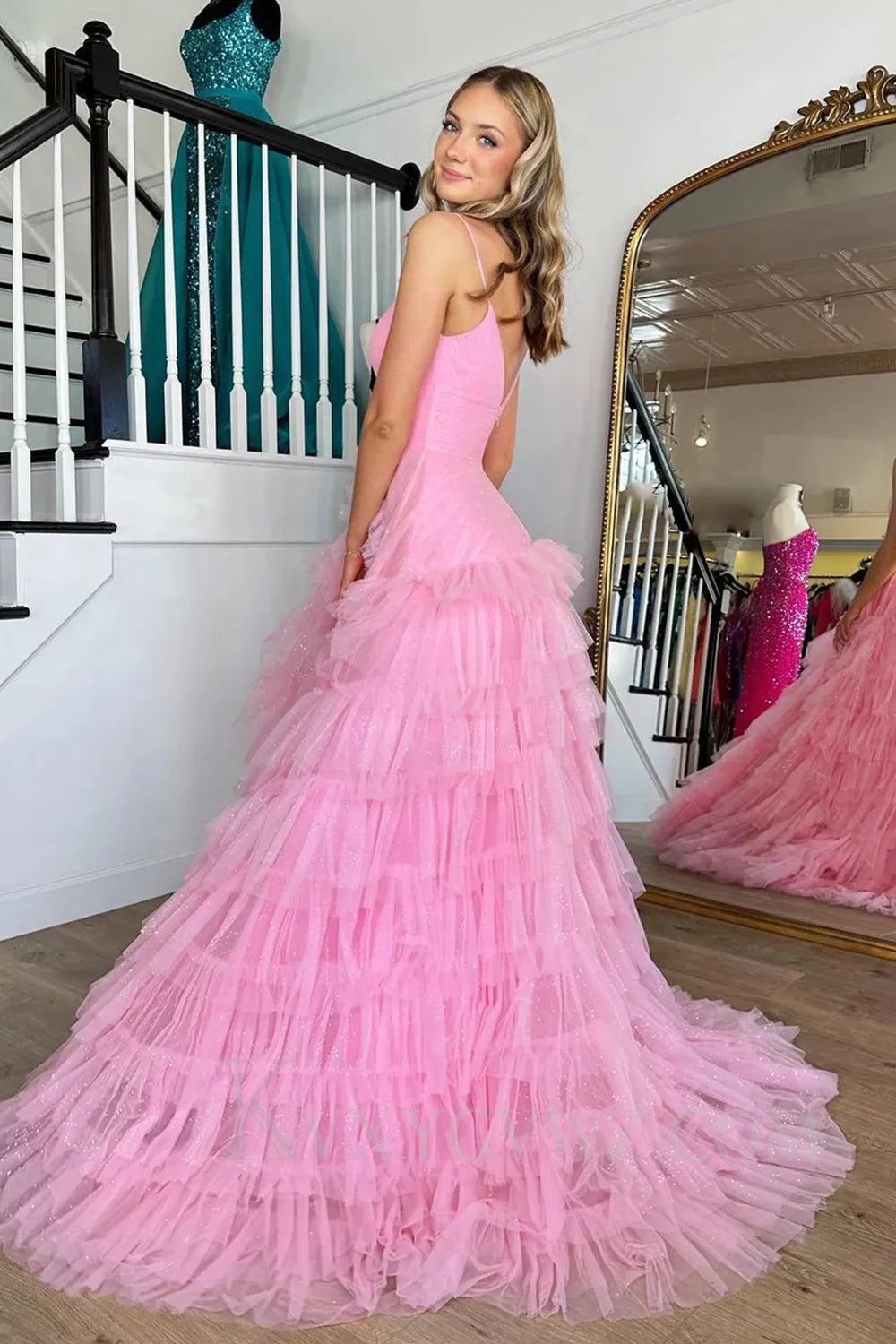 Light Pink Tulle Tiered A-Line Long Sweep Train Prom Dress LF034